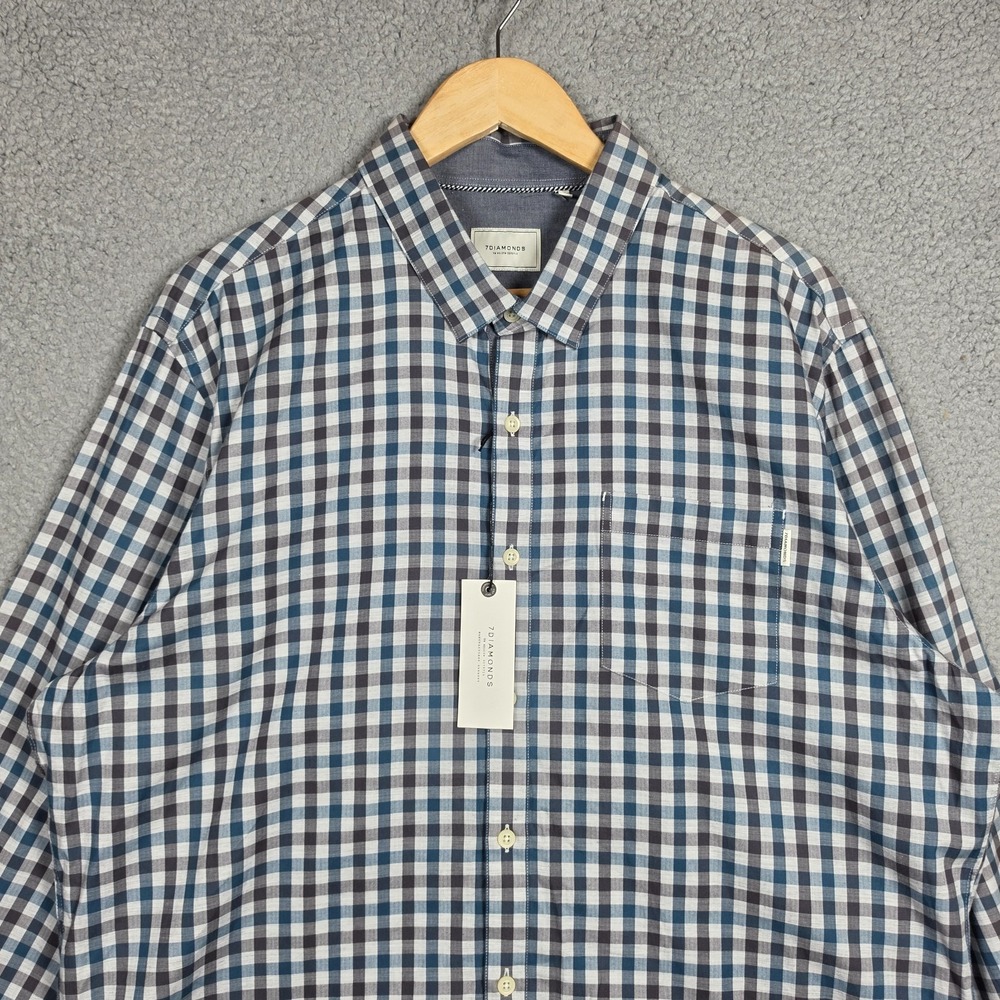 7 Diamonds Shirt Mens‎ Size 2XL Teal Gingham Plaid New Order Herringbone Cotton